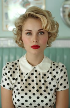 Retro style woman with curly blonde hair and red lips photo