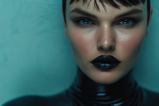 Striking portrait of a woman with dark makeup and intense expression photo