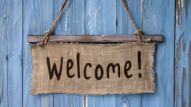 Rustic welcome sign on weathered blue wood photo