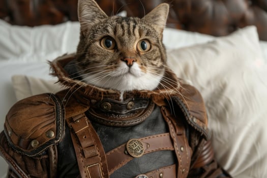 Adventurous cat in leather harness photo
