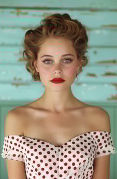 Retro beauty with curly hair and red lips photo