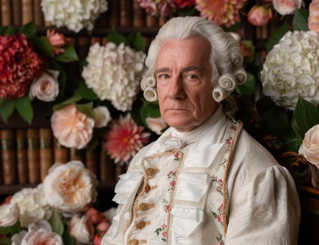 Elegant gentleman in historical costume surrounded by flowers photo