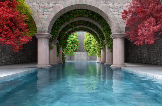Enchanting Arched Walkway with Vibrant Foliage and Serene Pool photo