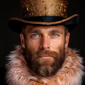 Rugged bearded man in ornate golden crown and fur coat photo