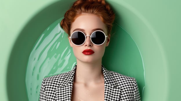 stylish woman in sunglasses and checkered jacket photo