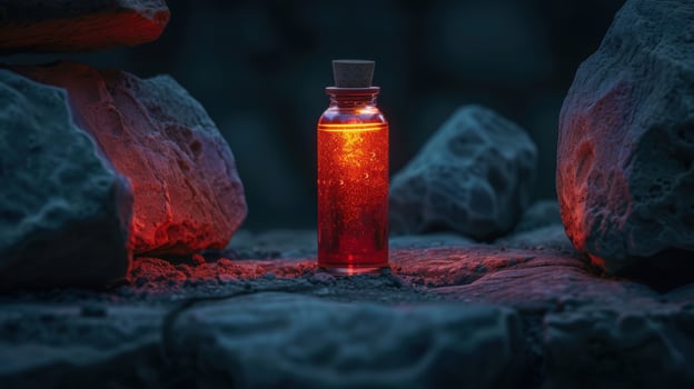 Glowing red bottle in a dark, rocky landscape photo