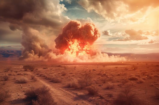Dramatic explosion in desert landscape photo