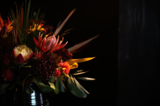 Vibrant floral arrangement in dark setting photo