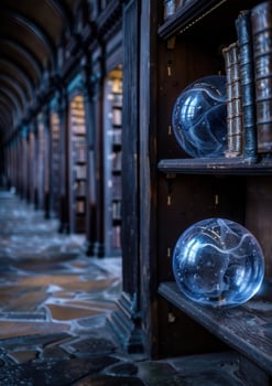 Mysterious glass orbs in an old library photo