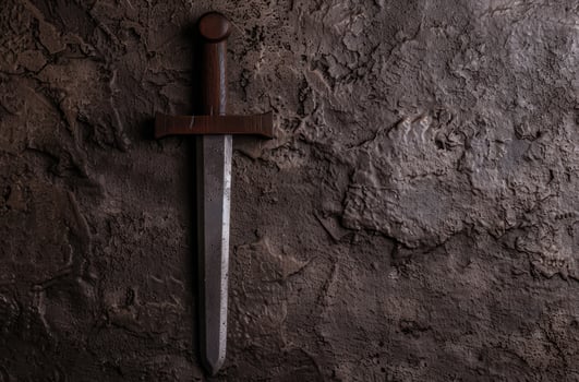 medieval sword on dark stone wall photo