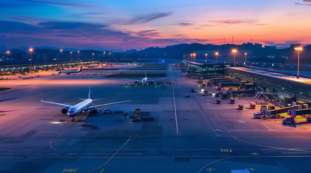 Aerial view international airport terminal, planes departing to multiple international locations photo