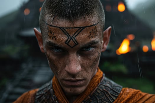 Intense warrior with facial tattoo in the rain photo