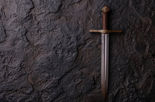 Ornate medieval sword against dark rock background photo