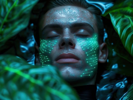 Futuristic cyborg face in nature photo
