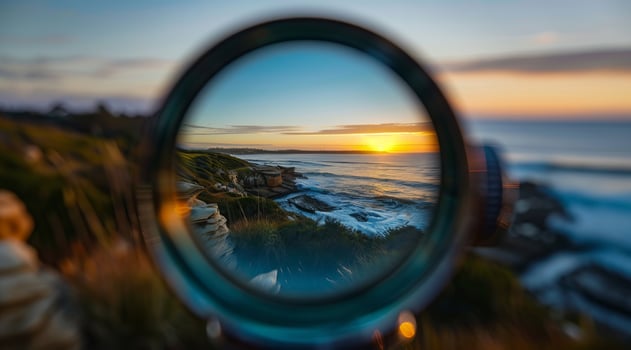 Spyglass on observation deck. View of the beautiful sunset and scenic seascape with dramatic skies photo