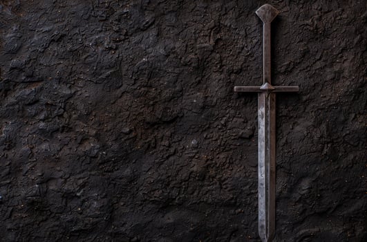 ancient sword against dark stone wall photo
