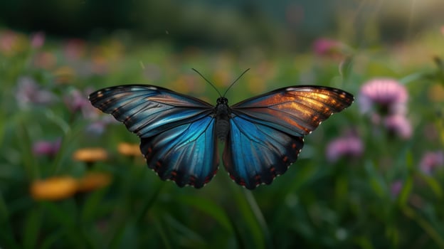 Vibrant blue and orange butterfly in a lush garden photo