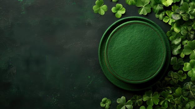 st patricks day themed background with green shamrocks and round plate photo