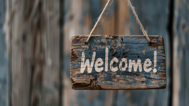 Rustic welcome sign hanging on wooden fence photo