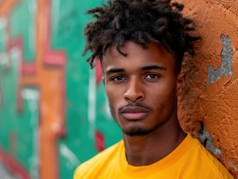 young man with curly hair in front of colorful wall photo