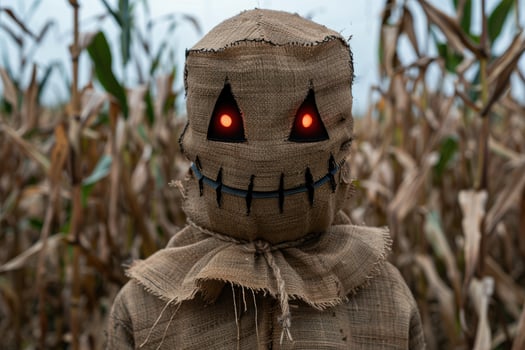 Spooky scarecrow with glowing eyes in a corn field photo
