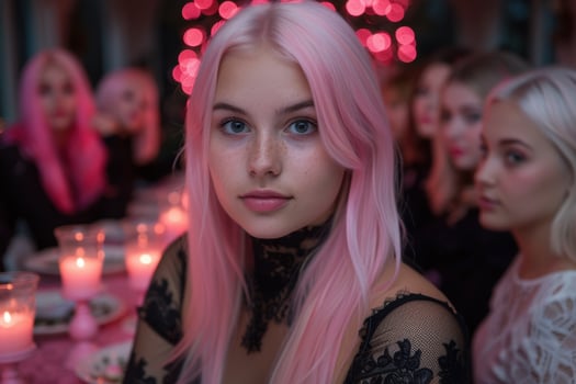 young woman with pink hair and lace dress in nightclub photo