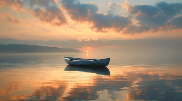 Serene lake dramatic landscape and skies on sunset or blue hour. Fisherman boat. photo