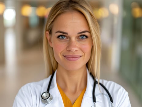 Friendly medical professional in white coat photo