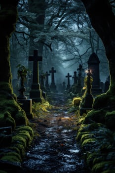 Eerie graveyard path in dark forest photo