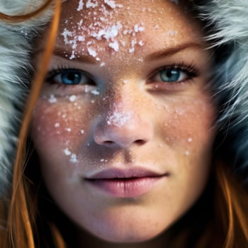 close up of a persons face with snow on it photo