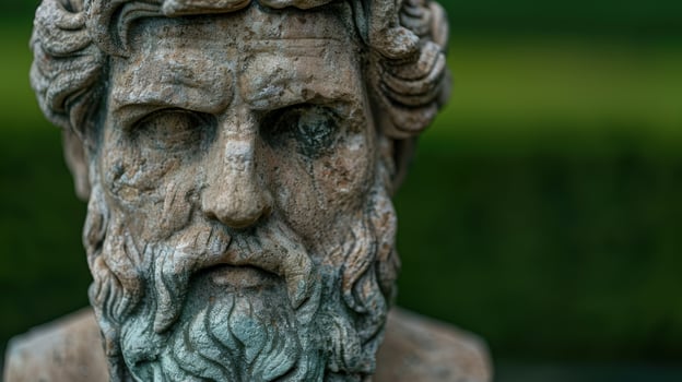 Weathered stone face sculpture with intense expression photo