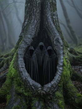 mysterious hooded figures in a dark forest photo