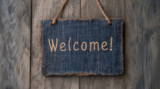 Rustic welcome sign on wooden background photo