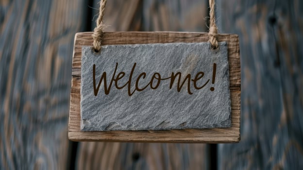 Rustic welcome sign hanging on wooden boards photo