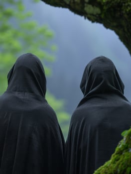 two hooded figures in a serene forest setting photo
