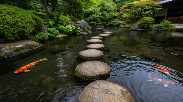 tranquil japanese garden with stepping stones and koi fish photo