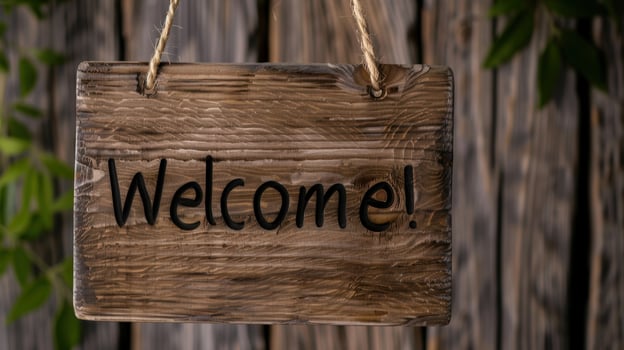 Rustic wooden welcome sign hanging on a fence photo