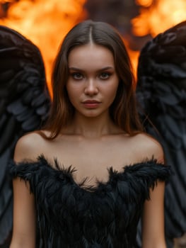 Mysterious woman with dark feather dress photo