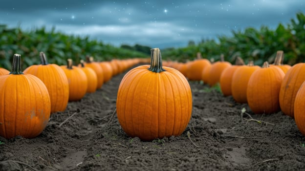 Pumpkin patch under starry night sky photo