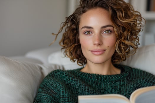 Cozy woman reading book on sofa photo