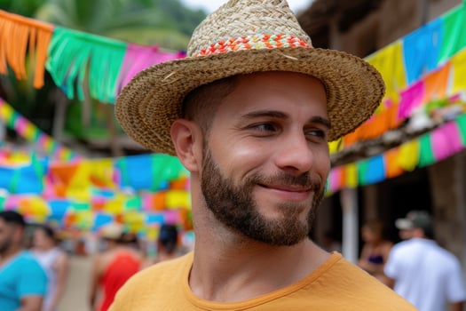 man in straw hat smiling at festival photo