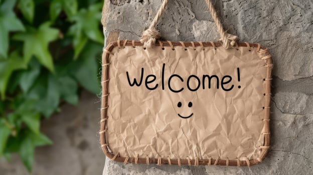 Welcoming sign with a smiley face photo