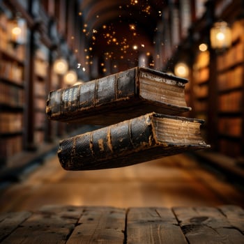 Magical book stack in library photo