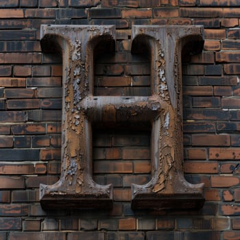 Rusty metal letter h on brick wall photo