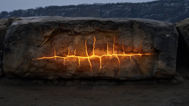 Glowing cracks in rocky cliff face photo