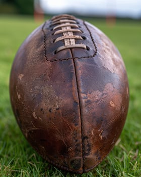 Vintage leather football on grassy field photo