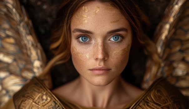 Captivating portrait of a woman with striking blue eyes and glittering gold makeup photo