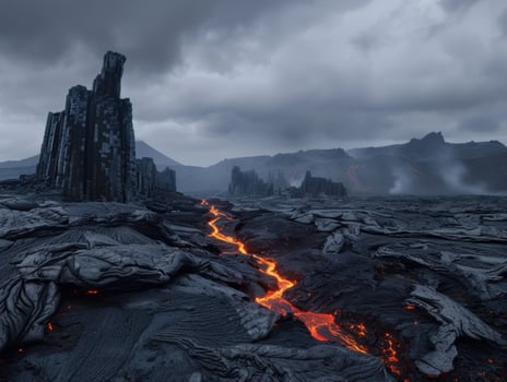 Dramatic volcanic landscape with towering rock formations and glowing lava flow photo