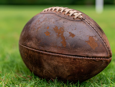 Vintage leather football on grass field photo