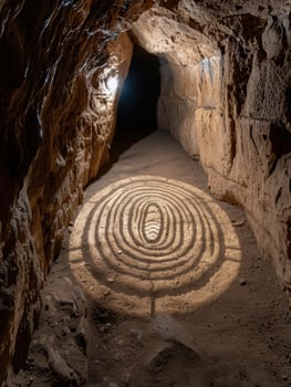 Mysterious underground cave with ancient rock art photo